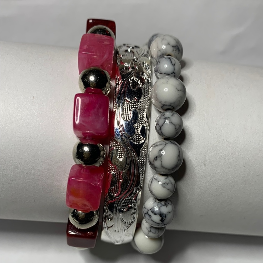 Silver and Pink Layered Bracelet Set